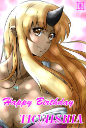 Rule 34 | 10s, 1girl, blonde hair, breasts, character name, cleavage, dark-skinned female, dark skin, eyebrows, happy birthday, horns, huge breasts, jewelry, long hair, looking at viewer, monster girl, monster musume no iru nichijou, necklace, ogre, pointy ears, s-now, signature, single horn, smile, solo, tionishia, upper body, yellow eyes