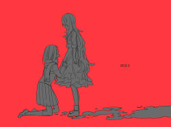 Rule 34 | 2girls, apron, apron grab, asahimachi, begging, boots, closed mouth, clothes grab, commentary request, dress, enpera, facing another, facing to the side, false smile, frilled dress, frills, from side, full body, greyscale with colored background, hair over eyes, highres, kagerou project, kneehighs, kneeling, kozakura marry, liquid, loafers, long bangs, long hair, long sleeves, multiple girls, neckerchief, negative space, open mouth, partial commentary, pleated skirt, profile, puddle, red background, scarf, school uniform, serafuku, shoes, simple background, skirt, sleeve cuffs, sleeves past elbows, smile, socks, standing, tateyama ayano, very long hair, wavy hair