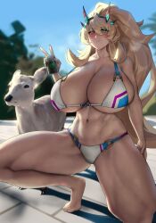 Rule 34 | 1girl, barghest (fate), barghest (swimsuit archer) (final ascension) (fate), bikini, blonde hair, blue bikini, blue sky, blurry, blurry background, breasts, can, commentary request, deer, eu03, fate/grand order, fate (series), green eyes, hair between eyes, heterochromia, holding, holding can, huge breasts, large breasts, long hair, looking at viewer, multicolored bikini, multicolored clothes, navel, outdoors, purple bikini, red eyes, sky, squatting, swimsuit, thighs, toes, toned, v, veins, veiny breasts, white bikini