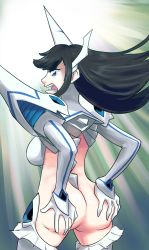 Rule 34 | 10s, 1girl, armor, ass, ass grab, back, black hair, blue eyes, boots, eyebrows, grabbing own ass, hand on ass, highres, junketsu, kill la kill, kiryuuin satsuki, living clothes, long hair, looking at viewer, revealing clothes, solo, spikes, thick eyebrows, thigh boots, thighhighs, thong, triple-q