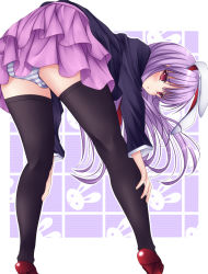 Rule 34 | 1girl, animal ears, arm support, bad id, bad pixiv id, bent over, black thighhighs, blazer, female focus, from behind, high heels, jacket, kneepits, legs, long hair, looking back, mikan (5555), necktie, panties, purple hair, rabbit ears, red eyes, reisen udongein inaba, shoes, solo, striped clothes, striped panties, thighhighs, touhou, underwear, upskirt