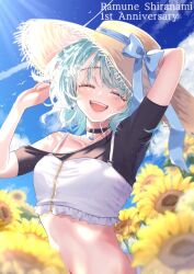 Rule 34 | 1girl, adjusting clothes, adjusting headwear, black choker, blue hair, blue ribbon, breasts, choker, closed eyes, crop top, flower, frilled shirt, frills, hat, hat ribbon, medium breasts, medium hair, midriff, multicolored hair, navel, off shoulder, open mouth, ribbon, roni dayo, shiranami ramune, shirt, short sleeves, single off shoulder, smile, stomach, strap, straw hat, streaked hair, sunflower, teeth, upper body, upper teeth only, virtual youtuber, vspo!
