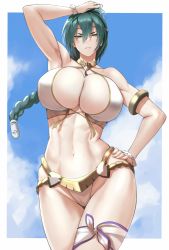 Rule 34 | 1girl, abs, absurdres, anagumasan, arm up, bikini, blue sky, braid, breasts, cleavage, closed mouth, cloud, cloudy sky, day, female focus, fire emblem, fire emblem heroes, green hair, hair ornament, halterneck, hand on own hip, highleg, highleg bikini, highres, huge breasts, large breasts, lips, long hair, looking at viewer, navel, nintendo, official alternate costume, outdoors, simple background, single braid, sky, solo, stomach, swimsuit, thigh strap, thighs, thorr (fire emblem), white bikini