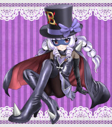 Rule 34 | 1girl, black gloves, black thighhighs, blunt bangs, boots, bow, cape, delicious party precure, elbow gloves, female focus, gentlu (precure), gloves, hat, hat bow, high heel boots, high heels, highres, lace, looking at viewer, mask, precure, purple background, purple bow, ringlets, sitting, solo, striped, striped background, thigh boots, thighhighs, top hat, twintails, unno hotaru, white hair