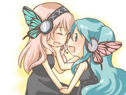 Rule 34 | 2girls, alternate hairstyle, blue eyes, blue hair, butterfly hair ornament, butterfly wings, chibi, dress, face-to-face, hair ornament, happy, hatsune miku, headset, holding hands, insect wings, long hair, magnet (vocaloid), megurine luka, momiji rou, multiple girls, pink hair, vocaloid, wallpaper, wings, yuri