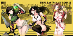 Rule 34 | 3girls, abs, aerith gainsborough, black hair, black headband, black skirt, black thighhighs, bow, braid, braided ponytail, breasts, brown eyes, brown hair, brown shorts, cleavage, covered erect nipples, crop top, cropped jacket, cropped sweater, dress, drill hair, elbow pads, final fantasy, final fantasy vii, final fantasy vii remake, fingerless gloves, flower, gloves, green eyes, green sweater, headband, highres, holding, holding orb, holding weapon, jacket, large breasts, lips, long hair, low-tied long hair, materia, medium hair, midriff, multiple girls, navel, off shoulder, open fly, parted lips, pink bow, pink dress, red eyes, red gloves, red jacket, ribbed sweater, robot cat (robotcatart), shirt, short shorts, shorts, side drill, skirt, sleeveless, sleeveless sweater, smile, solo, stomach, suspender skirt, suspenders, suspenders gap, sweater, tank top, taut clothes, taut shirt, thighhighs, tifa lockhart, tri drills, twintails, weapon, white tank top, yuffie kisaragi
