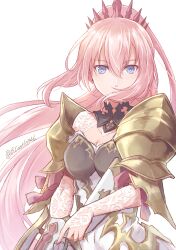 Rule 34 | 1girl, armor, black choker, blue eyes, breasts, choker, cleavage, closed mouth, diadem, dress, floating hair, gun, hair between eyes, highres, holding, holding gun, holding weapon, long hair, looking at viewer, medium breasts, mishiro (andante), pink hair, shionne (tales), shoulder armor, simple background, solo, tales of (series), tales of arise, twitter username, upper body, very long hair, weapon, white background, white dress