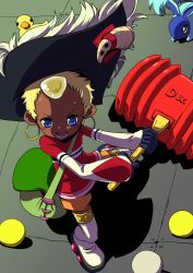 Rule 34 | 1girl, bag, blonde hair, blush stickers, boots, chat (tales), dark-skinned female, dark skin, earrings, forehead jewel, hammer, hat, highres, holding, holding hammer, hoop earrings, jewelry, open mouth, orange shorts, quickie (tales), shadow, short hair, shorts, shoulder bag, tales of (series), tales of eternia, thigh boots, thighhighs, thighlet, uchuu ika, very short hair