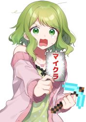 Rule 34 | 1girl, bare shoulders, camisole, collarbone, emphasis lines, flower, flower necklace, green camisole, green eyes, green hair, holding, jacket, jewelry, long sleeves, looking at viewer, minecraft, minecraft pickaxe, morinaka kazaki, necklace, nijisanji, off shoulder, open clothes, open jacket, open mouth, outstretched arm, pink jacket, polka dot, polka dot camisole, simple background, solo, sweat, tears, translation request, upper body, v-shaped eyebrows, virtual youtuber, white background, yamabukiiro