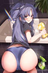 Rule 34 | 1girl, absurdres, ass, bathroom, bathtub, black halo, black panties, black shirt, blue archive, blue buruma, blue eyes, blue hair, blush, buruma, cleaning, commentary request, from behind, half updo, halo, highres, holding, holding sponge, long hair, looking at viewer, mechanical halo, narushima kanna, nervous smile, official alternate costume, official alternate hairstyle, panties, panties under buruma, panty peek, parted bangs, plant, shirt, smile, solo, sponge, tile wall, tiles, underwear, v-shaped eyebrows, yellow sponge, yuuka (blue archive), yuuka (track) (blue archive)