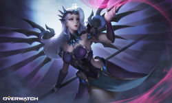 Rule 34 | 1girl, alternate costume, alternate hair color, arm up, armor, armored dress, atlantic mercy, blue eyes, copyright name, crescent, crescent earrings, crown, detached collar, detached sleeves, earrings, facial mark, forehead mark, forehead tattoo, highres, jewelry, light smile, logo, long hair, mechanical wings, mercy (overwatch), official alternate costume, overwatch, overwatch 1, shoulder armor, silver hair, staff, standing, starry-hp, wings