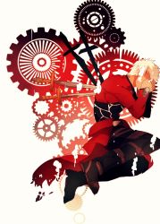 Rule 34 | 1boy, archer (fate), bad id, bad pixiv id, covering face, dark skin, dark-skinned male, fate/stay night, fate (series), gears, highres, impaled, kuriiro benishi, male focus, solo, sword, unlimited blade works (fate), weapon, white hair