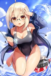 Rule 34 | 1girl, 1other, ahoge, artoria pendragon (fate), black one-piece swimsuit, blonde hair, blue jacket, blue sky, breasts, cellphone, chiroshiron, cleavage, cloud, commentary request, competition swimsuit, cowboy shot, day, fate/grand order, fate (series), glasses, gluteal fold, highres, jacket, leaning forward, looking at viewer, medium breasts, mysterious heroine x alter (fate), one-piece swimsuit, outdoors, phone, robot, sky, swimsuit, swimsuit under clothes, thigh gap, water, waves, yellow eyes
