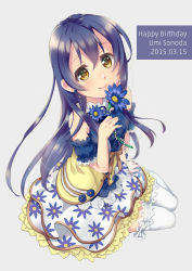Rule 34 | 1girl, bare shoulders, birthday, blue hair, blush, character name, commentary request, dated, earrings, floral print, flower, full body, hair between eyes, happy birthday, highres, holding, jewelry, kashiwagi sumika, long hair, looking at viewer, love live!, love live! school idol festival, love live! school idol project, simple background, sitting, smile, solo, sonoda umi, thighhighs, white thighhighs, yellow eyes