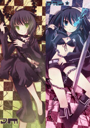 Rule 34 | 2girls, belt, bikini, bikini top only, black choker, black coat, black dress, black hair, black horns, black leggings, black rock shooter, black rock shooter (character), black shorts, blue eyes, blue fire, boots, chain, checkered floor, choker, coat, dead master, dress, fire, flaming eye, glowing, glowing eye, green eyes, high heels, horns, leggings, long hair, lying, medium hair, midriff, multiple girls, no shirt, open clothes, open coat, pale skin, peach88, planted, planted sword, planted weapon, scar, shorts, swimsuit, sword, twintails, uneven twintails, weapon