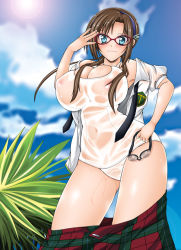 Rule 34 | 00s, 1girl, armpits, bare shoulders, blue eyes, breasts, brown hair, bursting breasts, cleavage, clothes pull, contrapposto, curvy, evangelion: 2.0 you can (not) advance, from below, glasses, goggles, hairband, hip focus, huge breasts, impossible clothes, impossible shirt, kizaki yuuri, large breasts, long hair, looking down, makinami mari illustrious, neon genesis evangelion, one-piece swimsuit, open clothes, open shirt, plaid, plaid skirt, rebuild of evangelion, school swimsuit, school uniform, see-through, shirt, skirt, skirt pull, smile, solo, standing, swimsuit, swimsuit under clothes, twintails, wet, white school swimsuit, white one-piece swimsuit, wide hips