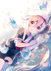 Rule 34 | 10s, 1girl, beret, bird, chestnut mouth, commentary request, gradient hair, hair between eyes, harusame (kancolle), hat, ivy1993, kantai collection, looking at viewer, lying, multicolored hair, on side, pink eyes, pink hair, ribbon, school uniform, serafuku, short sleeves, solo, uniform