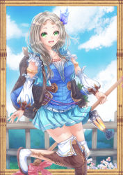 Rule 34 | 1girl, :d, armlet, atelier (series), atelier firis, backpack, bad id, bad pixiv id, bag, blouse, blue shirt, blue skirt, blush, boots, border, braid, breasts, broom, brown hair, cloud, collarbone, day, detached sleeves, female focus, fence, firis mistlud, flower, green eyes, hair ornament, hair over shoulder, highres, holding, holding broom, jewelry, lantern, leg up, long hair, medium breasts, open mouth, outdoors, parted bangs, pleated skirt, ring, shirt, single braid, siyusiyu13, skirt, sky, smile, solo, standing, standing on one leg, thigh boots, thighhighs, wooden fence