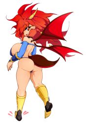 Rule 34 | 1990s (style), 1girl, absurdres, alternate breast size, armor, ass, backboob, bad id, bad tumblr id, bare shoulders, bikini armor, boots, breasts, choker, commentary, dragon half, elbow gloves, fang, fingernails, from behind, gloves, highres, horns, large breasts, long hair, looking at viewer, looking back, mink (dragon half), open mouth, red eyes, red hair, retro artstyle, shiny skin, shortstack, skindentation, slugbox, solo, standing, tail, thighs, thong, vambraces, white background, wings