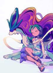 Rule 34 | 1girl, arm support, closed eyes, closed mouth, commentary, creatures (company), detached sleeves, dress, game freak, gen 2 pokemon, green dress, green hair, highres, kris (pokemon), kris (sygna suit) (pokemon), legendary pokemon, long hair, nintendo, official alternate costume, ok ko19, pokemon, pokemon (creature), pokemon masters ex, sitting, sleeveless, sleeveless dress, smile, suicune, symbol-only commentary, white background, white footwear