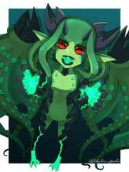 Rule 34 | 1girl, bioluminescence, border, cephalopod eyes, claws, colored skin, female focus, glowing, green skin, highres, horns, monster girl, open mouth, original, pointy ears, red eyes, sharp teeth, solo, suction cups, teeth, tentacles, tentacle hair, toipokun oyashi, tongue, twitter username, white border