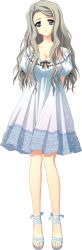 Rule 34 | 1girl, arms behind back, blue eyes, bow, breasts, carnelian, cleavage, dress, full body, grey hair, large breasts, long image, para-sol, ribbon, sandals, solo, sundress, tall image, tamaru yume, transparent background