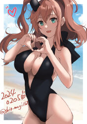 Rule 34 | 1girl, absurdres, bikini, black bikini, breasts, brown hair, cleavage, cowboy shot, green eyes, hair between eyes, heart, heart hands, high side ponytail, highres, kantai collection, large breasts, long hair, looking at viewer, one-hour drawing challenge, open mouth, ponytail, saratoga (kancolle), shiomugi (shio mugi1107), side ponytail, smile, solo, swimsuit