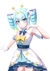 Rule 34 | 1girl, absurdres, blue hair, blush, bow, commission, dress, drill hair, gloves, green eyes, hair ribbon, highres, jelly hoshiumi, looking at viewer, multicolored hair, phase connect, ribbon, simple background, skirt, smile, star (symbol), thighs, virtual youtuber, white background