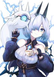 Rule 34 | 1girl, alchemy stars, bare shoulders, bethel (alchemy stars), black gloves, blue eyes, blush, breasts, closed mouth, collared shirt, creature, cup, detached sleeves, electricity, fingerless gloves, gloves, hair over one eye, high-waist skirt, highres, holding, holding cup, horns, medium breasts, minksama, shirt, short hair, skirt, sleeveless, sleeveless shirt, smile, solo, upper body, white hair, white shirt