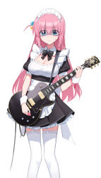 Rule 34 | 1girl, absurdres, alternate costume, apron, bad id, bad twitter id, black dress, blue eyes, blush, bocchi the rock!, bow, channel ( caststation), closed mouth, cowboy shot, cube hair ornament, detached collar, dress, electric guitar, frills, gibson les paul, gotoh hitori, guitar, hair between eyes, hair ornament, highres, holding, holding instrument, instrument, long hair, looking at viewer, maid, maid apron, maid headdress, one side up, pink hair, puffy short sleeves, puffy sleeves, short sleeves, simple background, solo, standing, thighhighs, white background, white thighhighs