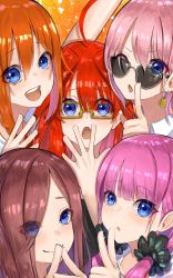 Rule 34 | 5girls, absurdres, ahoge, bare shoulders, blue eyes, blunt bangs, blush, brown hair, closed mouth, commentary request, earrings, face, finger counting, finger to mouth, flower, gesture, glasses, go-toubun no hanayome, hair between eyes, hair ornament, hand up, highres, huge filesize, index finger raised, jewelry, light purple hair, long hair, looking at viewer, looking over eyewear, looking over glasses, multiple girls, nakano ichika, nakano itsuki, nakano miku, nakano nino, nakano yotsuba, one eye closed, open mouth, orange hair, pink hair, quintuplets, r (ryo), red hair, ribbon, rose, shirt, short hair, shushing, siblings, sidelocks, sisters, smile, sunglasses, teeth, tinted eyewear, upper teeth only, v