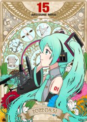 Rule 34 | 1girl, anniversary, annotated, aqua eyes, aqua hair, aqua necktie, bare shoulders, black sleeves, character name, commentary, dated, detached sleeves, flower, from side, gears, graphic equalizer, grey shirt, hair ornament, hand on headphones, hatsune miku, headphones, highres, kamippoina (vocaloid), long hair, looking up, microphone, mofmama, necktie, odds &amp; ends (vocaloid), orange flower, pink flower, pop filter, red flower, rolling girl (vocaloid), shirt, shoulder tattoo, sleeveless, sleeveless shirt, solo, song request, songover, spring onion, tattoo, twintails, upper body, vampire (vocaloid), very long hair, vocaloid, white flower, yellow flower