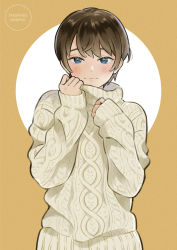 Rule 34 | 1girl, :3, absurdres, artist name, blue eyes, blush, brown hair, hands up, highres, kaminr, knit sweater, looking at viewer, original, short hair, simple background, sleeves past wrists, solo, sweater, upper body