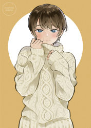 1girl :3 absurdres artist_name blue_eyes blush brown_hair hands_up highres kaminr knit_sweater long_sleeves looking_at_viewer original short_hair simple_background sleeves_past_wrists solo sweater upper_body