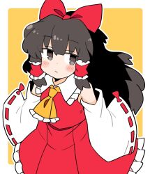 Rule 34 | 1girl, bare shoulders, black eyes, black hair, blush, border, bow, closed mouth, detached sleeves, frilled skirt, frills, hair bow, hair tubes, hakurei reimu, ini (inunabe00), japanese clothes, long hair, nontraditional miko, red bow, red skirt, ribbon-trimmed sleeves, ribbon trim, sidelocks, skirt, solo, touhou, white border, white sleeves, wide sleeves