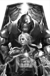 Rule 34 | 2boys, abs, alphonse elric, armor, belt, blonde hair, braid, brothers, cowboy shot, edward elric, eyelashes, full armor, fullmetal alchemist, glowing, glowing eyes, greyscale, half updo, highres, lightning, living armor, long hair, looking to the side, male focus, mechanical arms, miawrly, monochrome, multiple boys, navel, nose, open gate, own hands together, pants, parted bangs, prosthesis, prosthetic arm, shoulder spikes, siblings, single mechanical arm, spiked helmet, spikes, the gate (fma), topless male, white background