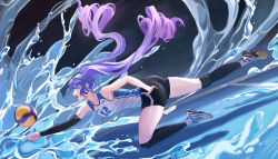 Rule 34 | 1girl, a-soul, absurdres, ass, ava (a-soul), ball, bare shoulders, black shorts, blue eyes, blurry, chuck (harfmoondark), clenched hand, collarbone, commentary request, curly hair, detached sleeves, diving, full body, highres, jersey, knee pads, light purple hair, long hair, looking to the side, nail polish, open mouth, outstretched arms, playing sports, purple hair, purple nails, serious, shorts, single detached sleeve, solo, sportswear, sweat, teeth, thighs, twintails, upper teeth only, v-shaped eyebrows, very long hair, virtual youtuber, volleyball, volleyball (object), water, white footwear