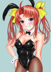 Rule 34 | 1girl, ahoge, animal ears, black bow, black bowtie, black leotard, bow, bowtie, breasts, brown hair, brown pantyhose, cleavage, commentary request, detached collar, dorachan r, fake animal ears, fishnet pantyhose, fishnets, grin, hair ribbon, hand on own hip, highres, kagerou (kancolle), kantai collection, leotard, long hair, medium breasts, pantyhose, playboy bunny, purple eyes, rabbit ears, rabbit tail, ribbon, smile, solo, strapless, strapless leotard, tail, twintails, wrist cuffs, yellow ribbon