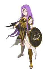 Rule 34 | 1girl, absurdres, alternate costume, facial mark, fate/stay night, fate (series), forehead, forehead mark, full body, highres, jason kim, long hair, looking at viewer, medusa (fate), medusa (rider) (fate), purple eyes, purple hair, shield, simple background, solo, toeless footwear, white background