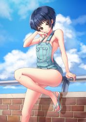 Rule 34 | 1girl, against railing, bare arms, bare shoulders, black hair, blue sky, blush, breasts, brown eyes, closed mouth, day, denim, feet, hand on own cheek, hand on own face, highres, jewelry, leg up, looking at viewer, naked overalls, original, outdoors, overalls, railing, ring, sandals, sideboob, sky, sleeveless, small breasts, smile, solo, standing, standing on one leg, thighs, toes, white footwear, yoiboshi hikari