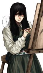 Rule 34 | 1girl, black hair, chair, easel, glasses, green skirt, grey eyes, hair between eyes, highres, holding, hoshi san 3, long hair, long sleeves, looking at viewer, original, paintbrush, painting (action), palette (object), shirt, simple background, sitting, skirt, solo, speech bubble, traditional media, white background, white shirt