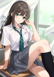 Rule 34 | 1girl, arm support, blush, brown hair, classroom, collared shirt, curtains, desk, feet out of frame, green eyes, green necktie, grey skirt, hand up, highres, idolmaster, idolmaster cinderella girls, indoors, jewelry, knee up, long hair, looking at viewer, miniskirt, necklace, necktie, on desk, parted lips, pleated skirt, school uniform, shibuya rin, shirt, shirt tucked in, short sleeves, sidelocks, sitting, skirt, solo, striped necktie, sunlight, sweat, tamakaga, thighs, white shirt, wind, window