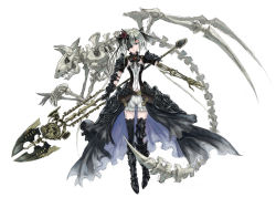 Rule 34 | 1girl, absurdres, armor, armored boots, black footwear, black thighhighs, boots, cocoroten, dress, eyepatch, female focus, grey hair, hair ornament, highres, holding, holding weapon, long hair, looking at viewer, mechanical arms, original, shorts, simple background, single mechanical arm, skull, solo, thighhighs, twintails, weapon, white background, white shorts