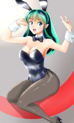 Rule 34 | 1girl, absurdres, animal ears, black bow, black bowtie, black leotard, black pantyhose, blue eyes, bow, bowtie, cone horns, detached collar, fake animal ears, feet out of frame, gradient background, green hair, grey background, high heels, highres, horns, leotard, looking at viewer, lum, nanao futaba, open mouth, pantyhose, playboy bunny, pointy ears, rabbit ears, rabbit girl, sitting, smile, solo, strapless, strapless leotard, teeth, upper teeth only, urusei yatsura, wrist cuffs