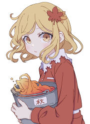 Rule 34 | 1girl, absurdres, aki shizuha, blonde hair, blush, bucket, closed mouth, hair ornament, highres, holding, holding bucket, kame (kamepan44231), leaf hair ornament, long sleeves, looking at viewer, one-hour drawing challenge, paint, red shirt, shirt, short hair, simple background, solo, touhou, upper body, white background, yellow eyes