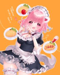 Rule 34 | 1girl, absurdres, ahoge, animal ears, apron, bad id, bad pixiv id, black dress, blue hair, breasts, bridal garter, character name, cleavage, cowboy shot, dot nose, dress, fake animal ears, fangs, food, food art, food writing, frilled apron, frilled dress, frills, hair between eyes, hair intakes, hands up, heart, heart hands, highres, idolmaster, idolmaster cinderella girls, ketchup, ketchup bottle, large breasts, legs apart, lettuce, looking at viewer, maid headdress, mimumiri, multicolored hair, nail polish, neck bell, omelet, omurice, open mouth, orange background, petticoat, pink eyes, pink hair, pink nails, puffy short sleeves, puffy sleeves, short hair, short sleeves, simple background, smile, solo, standing, tareme, thighs, tomato, two-tone hair, v-shaped eyebrows, waist apron, white apron, wrist cuffs, yumemi riamu