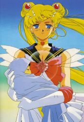 Rule 34 | 1990s (style), 2girls, baby, bishoujo senshi sailor moon, bishoujo senshi sailor moon s, blonde hair, blue eyes, blush, carrying, choker, collarbone, crescent, crescent hair ornament, double bun, earrings, elbow gloves, empty eyes, gloves, hair ornament, heart, heart choker, heart necklace, highres, jewelry, long hair, looking at viewer, magical girl, messy hair, multiple girls, neck, necklace, open mouth, retro artstyle, sad, sailor moon, screencap, see-through, see-through sleeves, sleeping, sleeveless, super sailor moon, tomoe hotaru, torn clothes, tsukino usagi, twintails, very long hair, wind, yellow choker