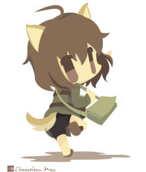 Rule 34 | 1girl, ahoge, animal ears, artist name, bad id, bad pixiv id, bag, bike shorts, chameleon man (three), chibi, dog ears, dog tail, flat color, from behind, inufusa yuno, jacket, leg up, long sleeves, looking back, military, military uniform, no lineart, shadow, short hair, simple background, solo, standing, standing on one leg, strike witches, tail, uniform, white background, world witches series