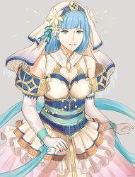 Rule 34 | 1girl, absurdres, bare shoulders, blue eyes, blue hair, breasts, cleavage, cleavage cutout, clothing cutout, dress, elbow gloves, fire emblem, fire emblem echoes: shadows of valentia, gloves, grey background, grin, hakirino, highres, nintendo, short hair, silque (fire emblem), simple background, smile, solo, veil