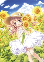 Rule 34 | 1girl, :d, absurdres, bare shoulders, blush, brown hair, cloud, collarbone, day, dress, dutch angle, flower, hair between eyes, hat, highres, holding, holding flower, long hair, looking at viewer, nanase miori, open mouth, original, outdoors, purple eyes, scan, sky, sleeveless, sleeveless dress, smile, solo, standing, straw hat, sundress, sunflower, white dress